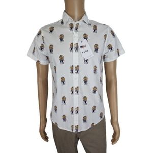 Denim & Flower Ricky Singh Teddy Bear USA Print Button Down Shirt S